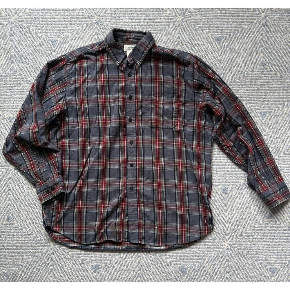LL‎ Bean Vintage Flannel Button Shirt - Gray/Red Plaid - Large 228061